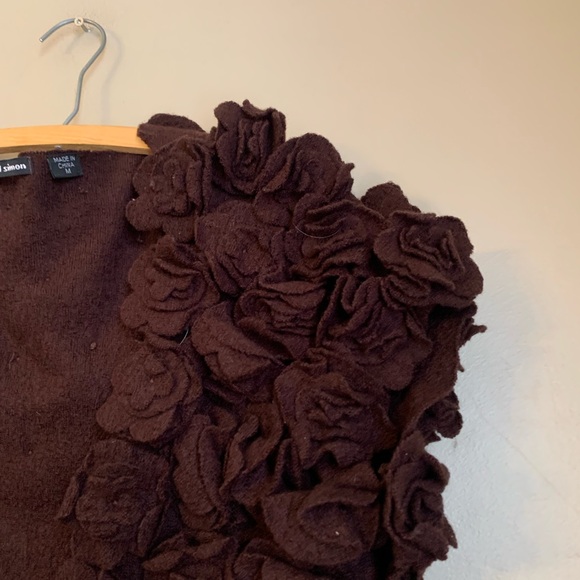 VTG Michael Simon Brown Shrug Cardigan Sweater Short Sleeve Artsy 3d Floral Wool - Picture 4 of 10